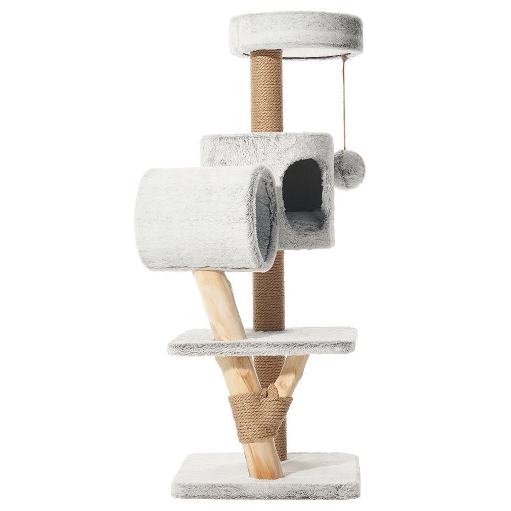 Katzenbaum RUNA in neutralem Grau mit Plattformen, Höhlen, Sisal-Elementen und Spielkugel für optimalen Kratzspaß.