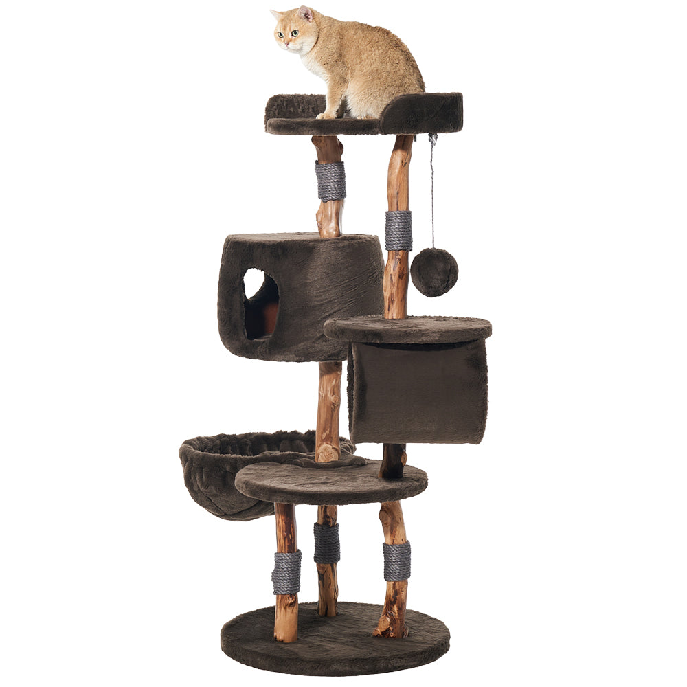 Mehrstöckiger Kratzbaum "GENA" für Katzen mit Plattformen, Höhlen und Sisal, Katze sitzt oben auf der höchsten Plattform.