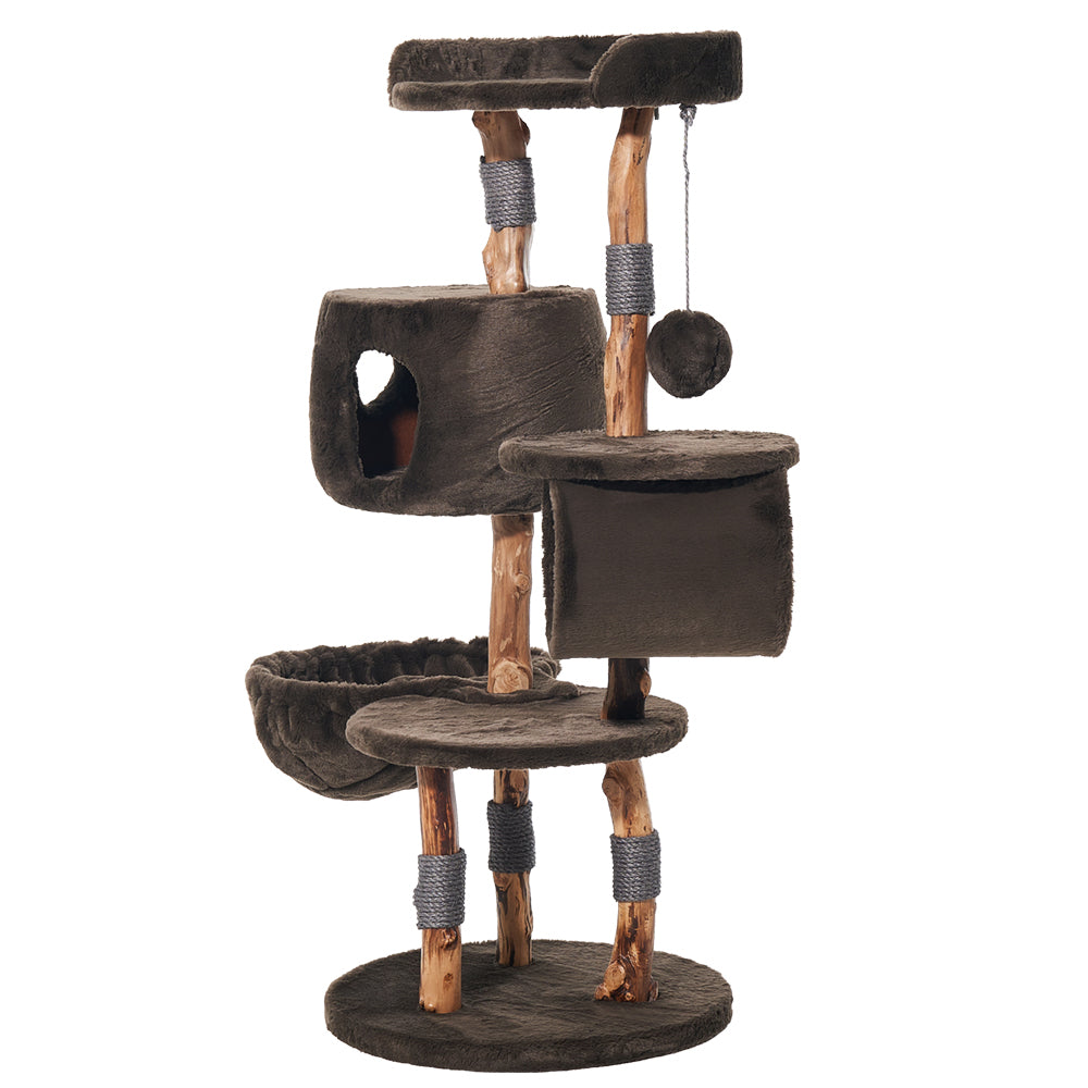 Kratzbaum "GENA" aus Holz mit Plattformen, Höhlen und Sisalseilen in neutralen Farbtönen für Katzen.