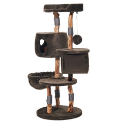 Kratzbaum "GENA" aus Holz mit Plattformen, Höhlen und Sisalseilen in neutralen Farbtönen für Katzen.