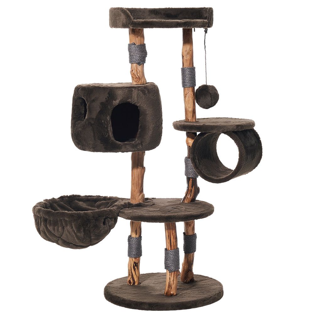 Kratzbaum "GENA" mit mehreren Ebenen, Höhle, Tunnel und Spielzeugkugel für Katzen – stabil und gemütlich.