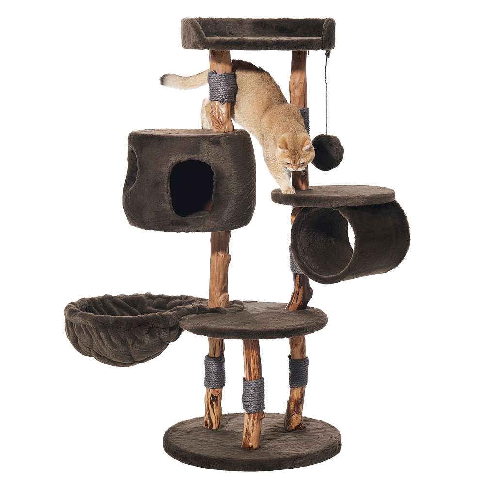 Kratzbaum "GENA" für Katzen mit mehreren Ebenen, Höhle, Hängematte und Tunnel in modernem Grau.