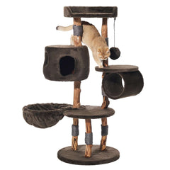 Kratzbaum "GENA" für Katzen mit mehreren Ebenen, Höhle, Hängematte und Tunnel in modernem Grau.