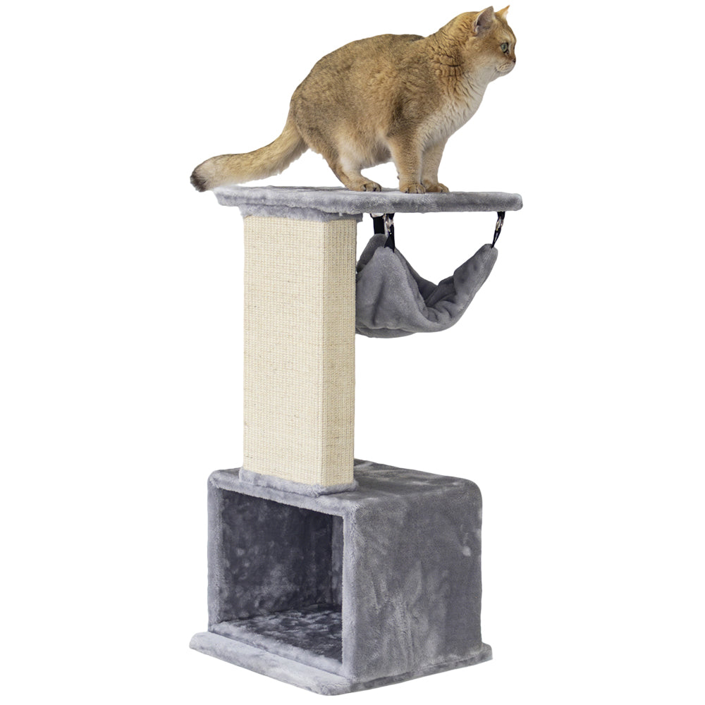 Grauener Katzenkratzbaum IDRIS mit gepolsterter Plattform, Sisalsäule und geschlossenen Rückzugsort für Katzen.