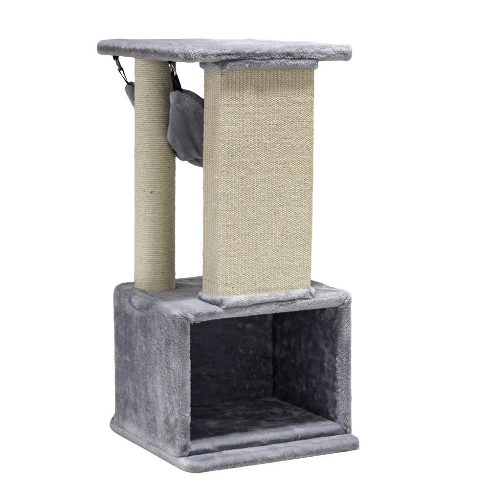 Zweistufiger grauer Kratzbaum IDRIS für Katzen mit geschlossenen Bereich und Sisalsäulen zum Kratzen und Spielen.