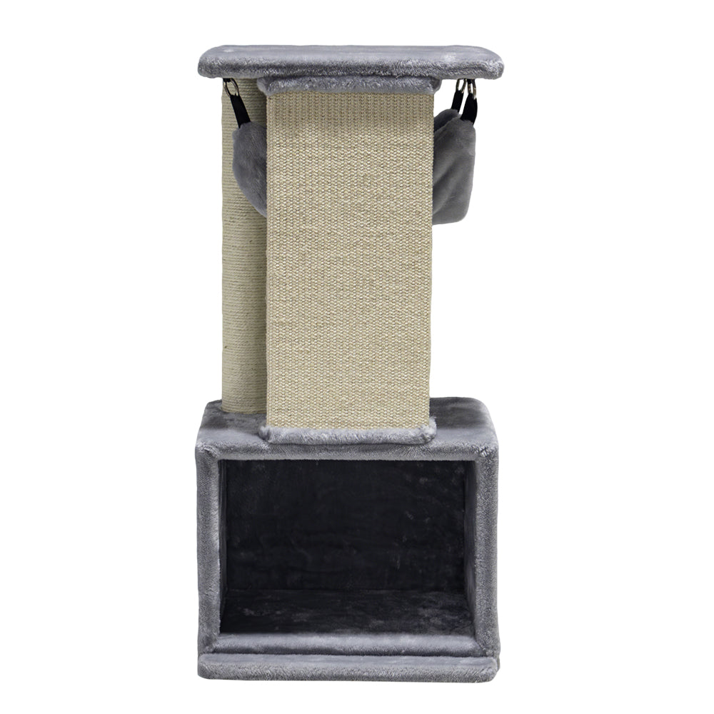 Katzenkratzbaum IDRIS in grau mit Sisalbespannung und gepolsterten Flächen für optimalen Komfort und Kratzmöglichkeiten.