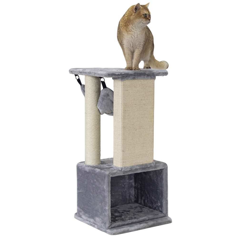 Kratzbaum "IDRIS" in grau und beige mit mehreren Ebenen, Sisalsäulen, einer Höhle und einer Katze auf der Spitze.