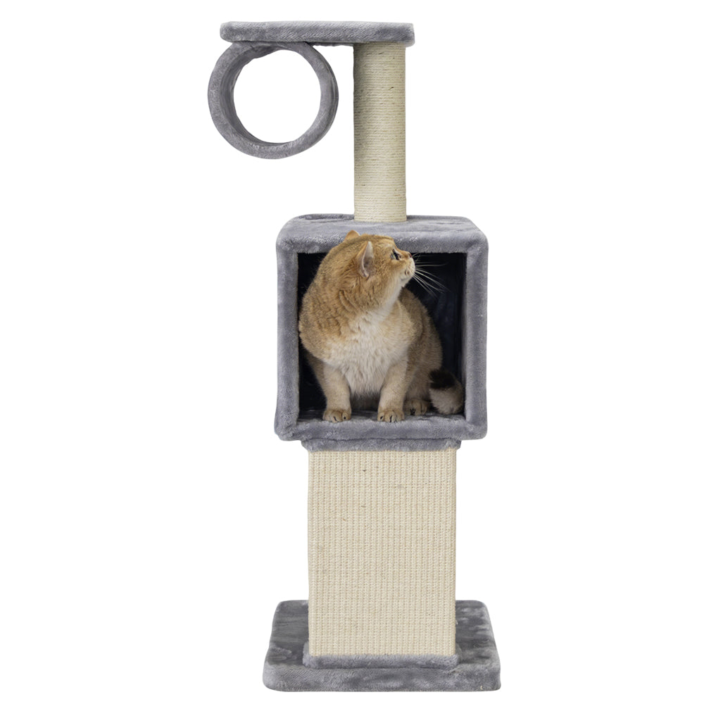 Grau gefärbter Kratzbaum FINA mit Höhle, Plattform und Aussichtspunkt für Katzen.