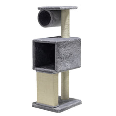 Grau melierter Kratzbaum FINA für Katzen mit Höhle, Aussichtspunkt und weicher Oberfläche. Ideal zum Spielen und Entspannen.
