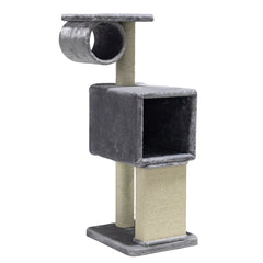 Grauer Katzenkratzbaum FINA mit mehreren Ebenen, Höhle und Sisalsäulen für Katzen zum Kratzen und Spielen.