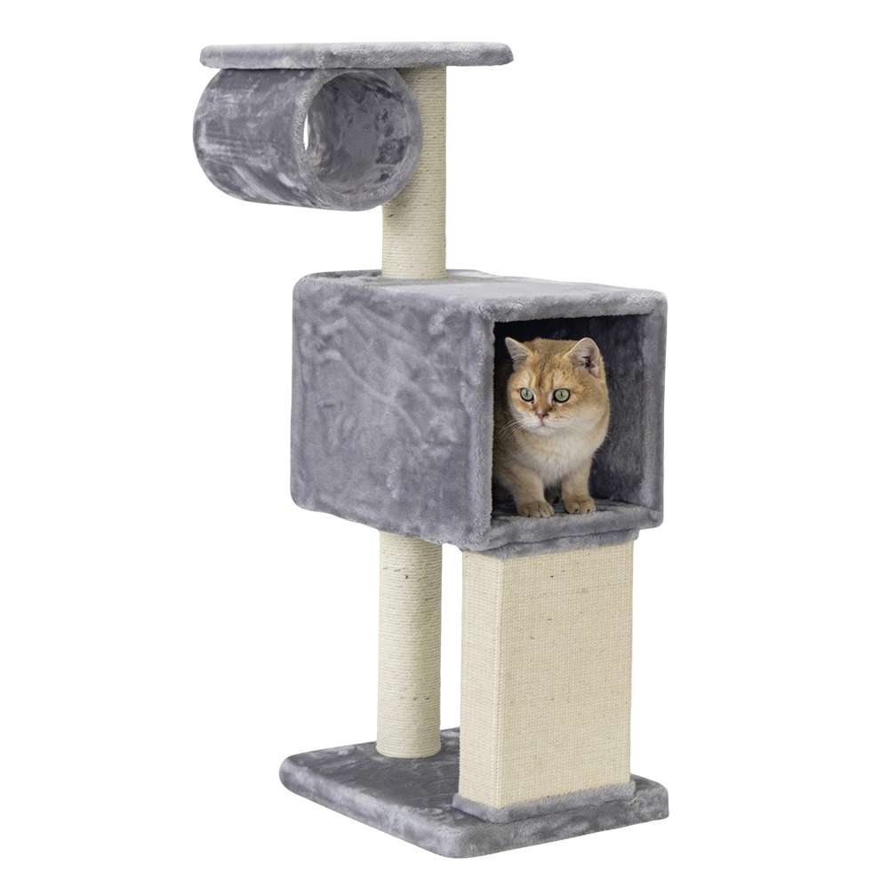 Moderner Kratzbaum "FINA" für Katzen in Grautönen mit Höhle, Röhren und Sisalsäulen für optimalen Kratzkomfort.