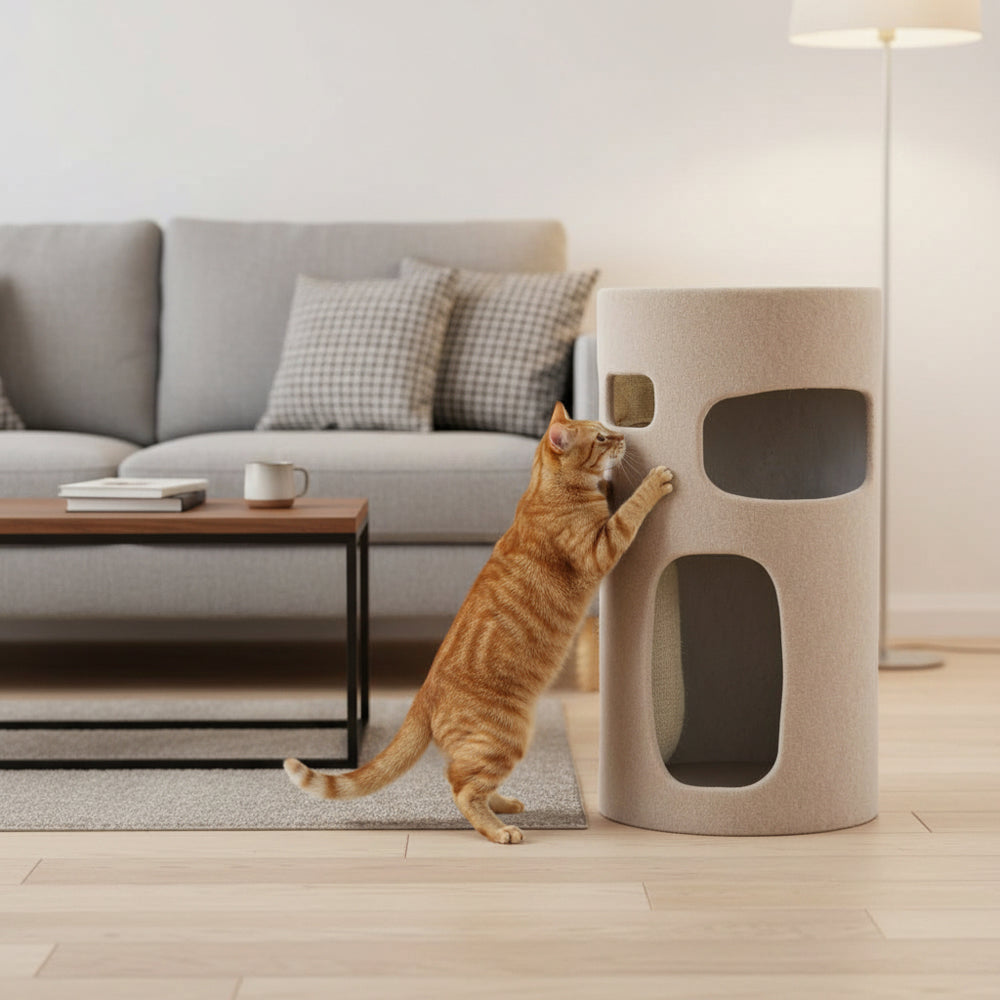 "Oranger Kater spielt an Kratzbaum SKULI in stilvollem Wohnzimmer mit Sofa und Couchtisch."