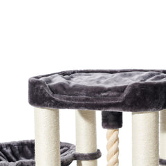 Mugla Katzenkratzbaum mit sisalummantelten Rohren und grauer Liegefläche oben für bequemes Entspannen.