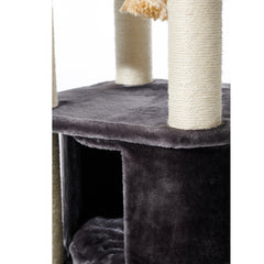 Grauer Mugla Kratzbaum mit Sisalsäulen und gemütlicher Höhle für Katzen. Ideal zum Spielen und Kratzen.