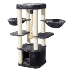Moderner Kratzbaum "Mugla" für Katzen in dunkelgrau und beige mit Hängematten, Höhle und Sisalstämmen zum Kratzen.