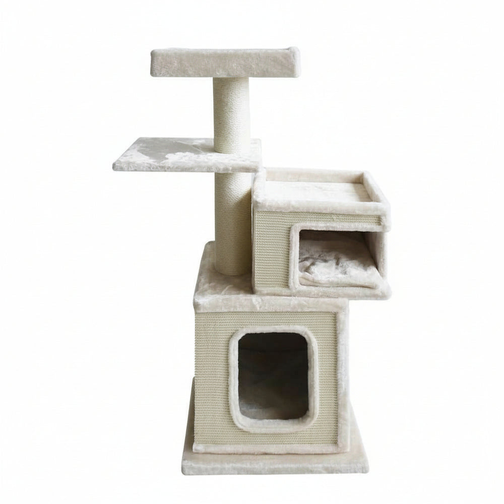 Beiger Kratzbaum für Katzen mit mehreren Ebenen, Häuschen und Kratzsäule aus weichem Plüsch.