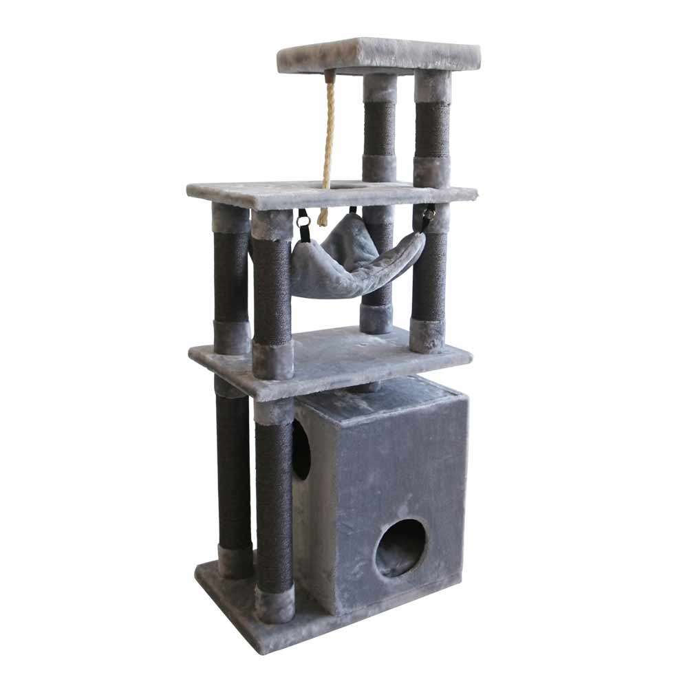 Kratzbaum "Telde small" in Grau mit Höhle, Hängematte und Plattformen für Katzen. Ideal zum Spielen und Entspannen.