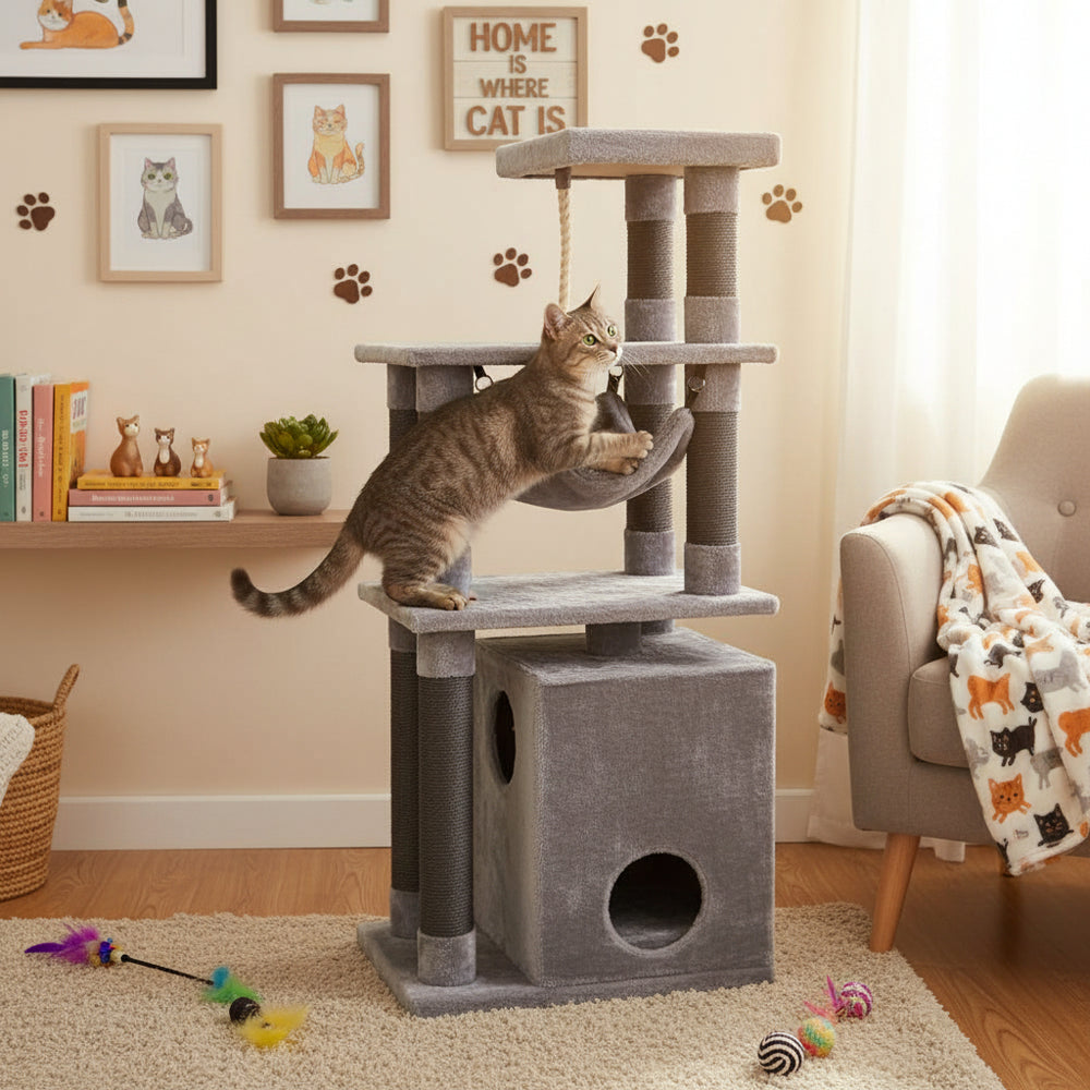 "Moderner Kratzbaum Telde small in Grau mit Ebenen, Durchgang und Schlafschaukel, während eine Katze damit spielt."