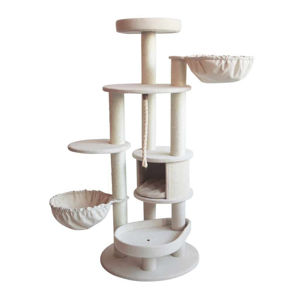 Moderner Kratzbaum "Fida small" mit Plattformen, umwickelten Säulen und hängenden Körben für Katzen. Stabil und spielerisch.