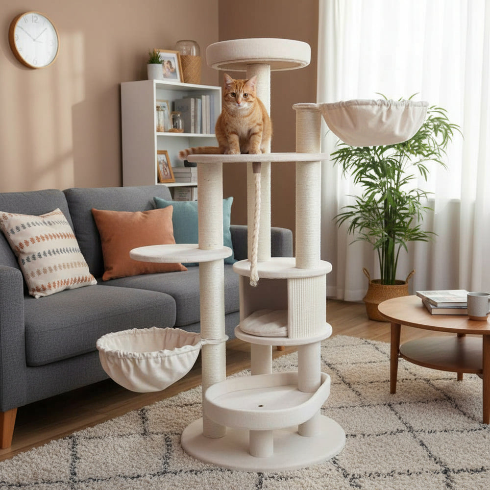 Moderner Kratzbaum FIDA small für Katzen mit mehreren Ebenen und Höhlen in hellem Wohnraum.