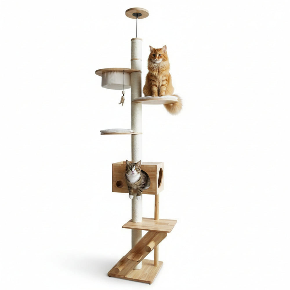 Moderner Kratzbaum ALTAI aus Holz und Sisal mit mehreren Ebenen, Höhle und Spielzeug, ideal für Katzen.