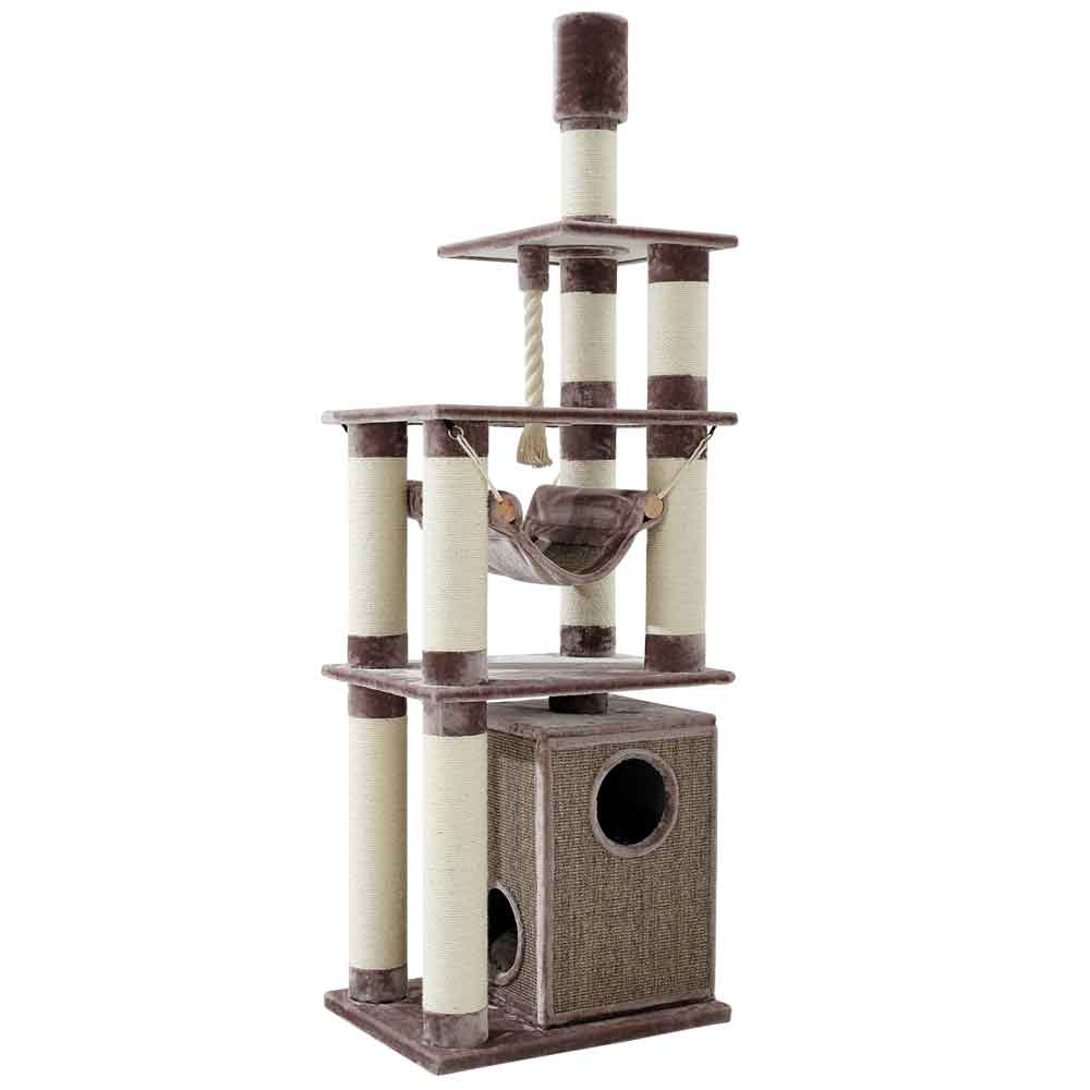 Mehrstöckiger Kratzbaum TELDE in braun und weiß mit Hängematte, Höhle und Kratzsäulen für Katzen.
