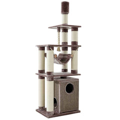 Mehrstöckiger Kratzbaum TELDE in braun und weiß mit Hängematte, Höhle und Kratzsäulen für Katzen.