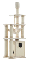 Multifunktionaler Kratzbaum TELDE für Katzen mit Schlafbereich, Hängematte und sisalumwickelten Kratzsäulen.