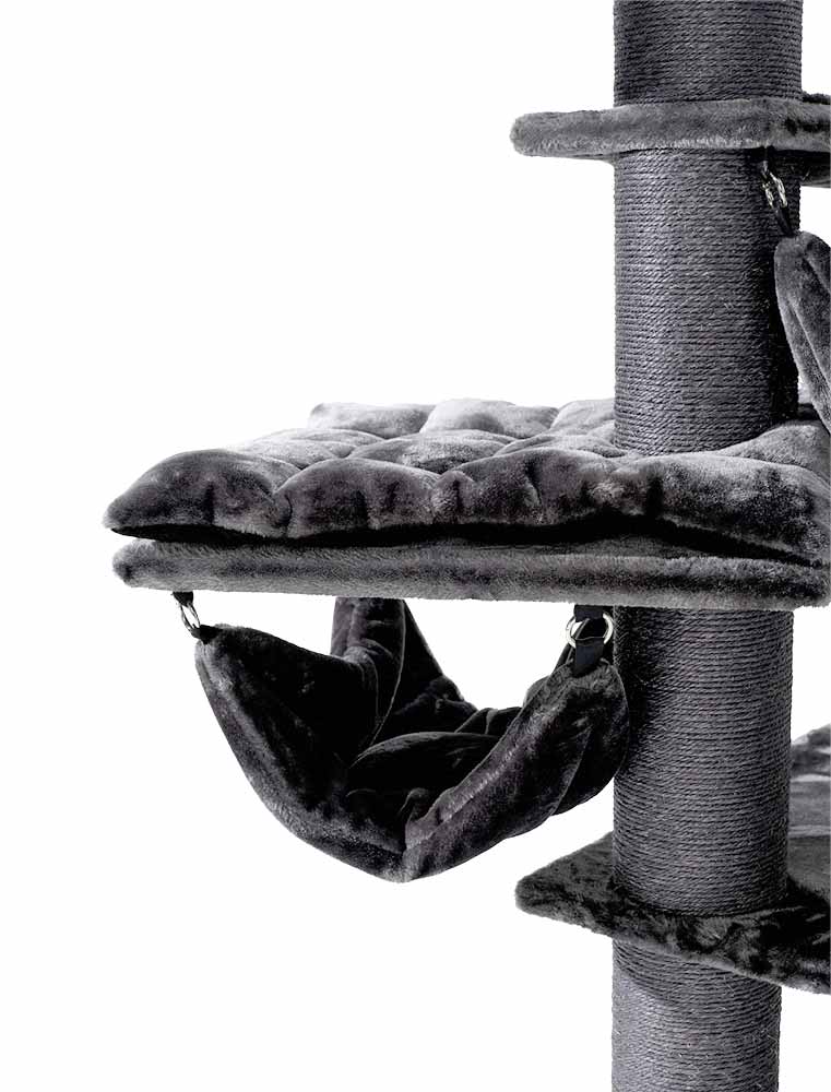 Schwarzer und grauer Kratzbaum RUBI mit gepolsterten Plattformen und Hängehöhle für Katzen.