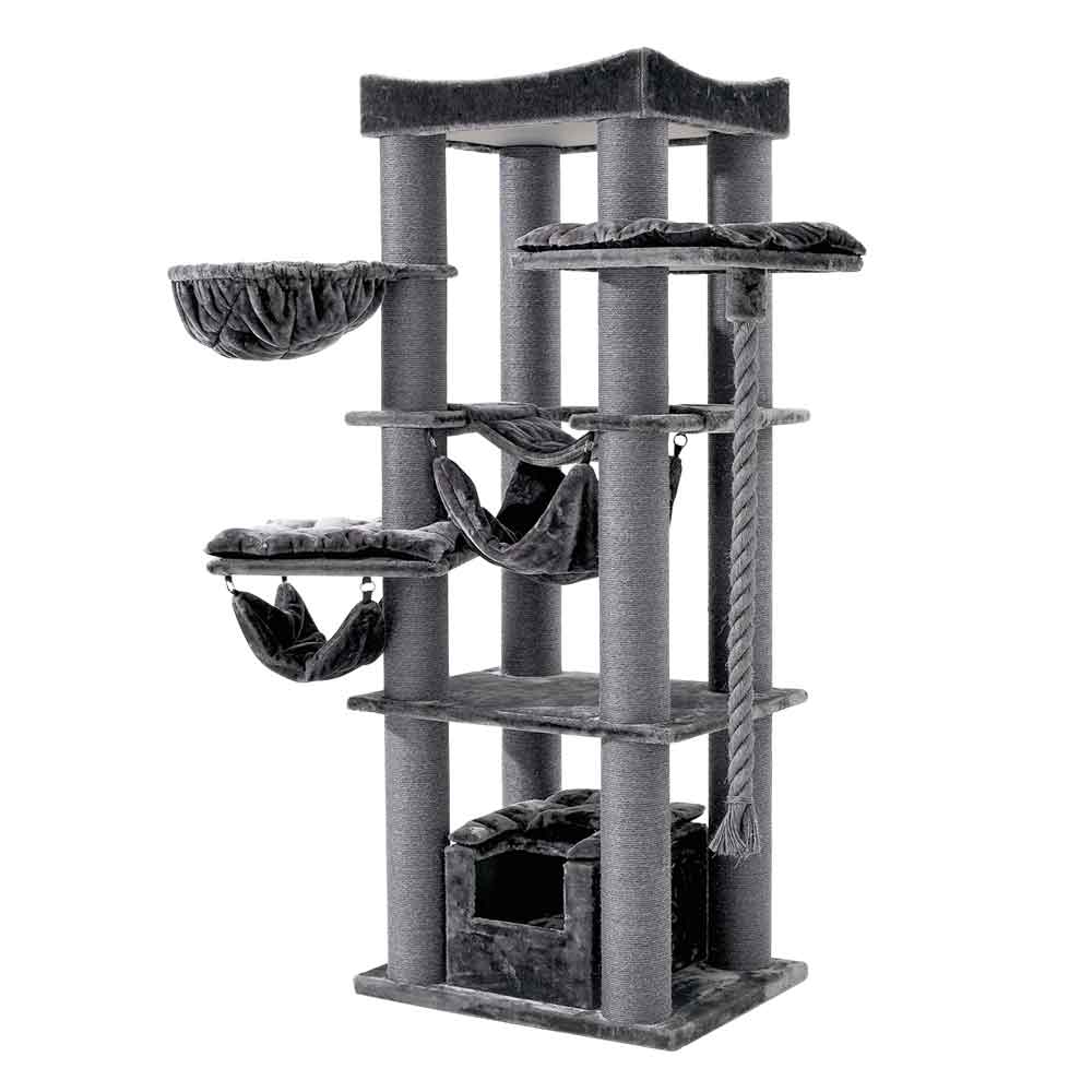 "Hochwertiger Kratzbaum RUBI in Dunkelgrau mit mehreren Plattformen, Hängematten und samtartigem Bezug."