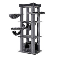 "Hochwertiger Kratzbaum RUBI in Dunkelgrau mit mehreren Plattformen, Hängematten und samtartigem Bezug."