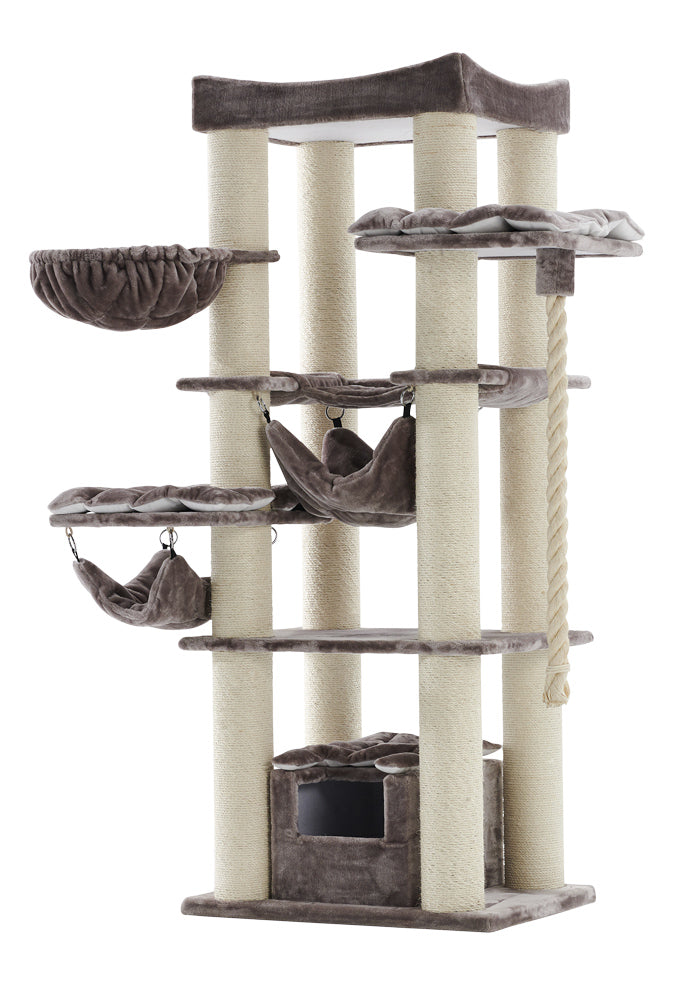 Katzenbaum RUBI in neutralen Farbtönen mit plüschigen Liegeflächen, Hängematten und Sisal-Rope für Katzen.