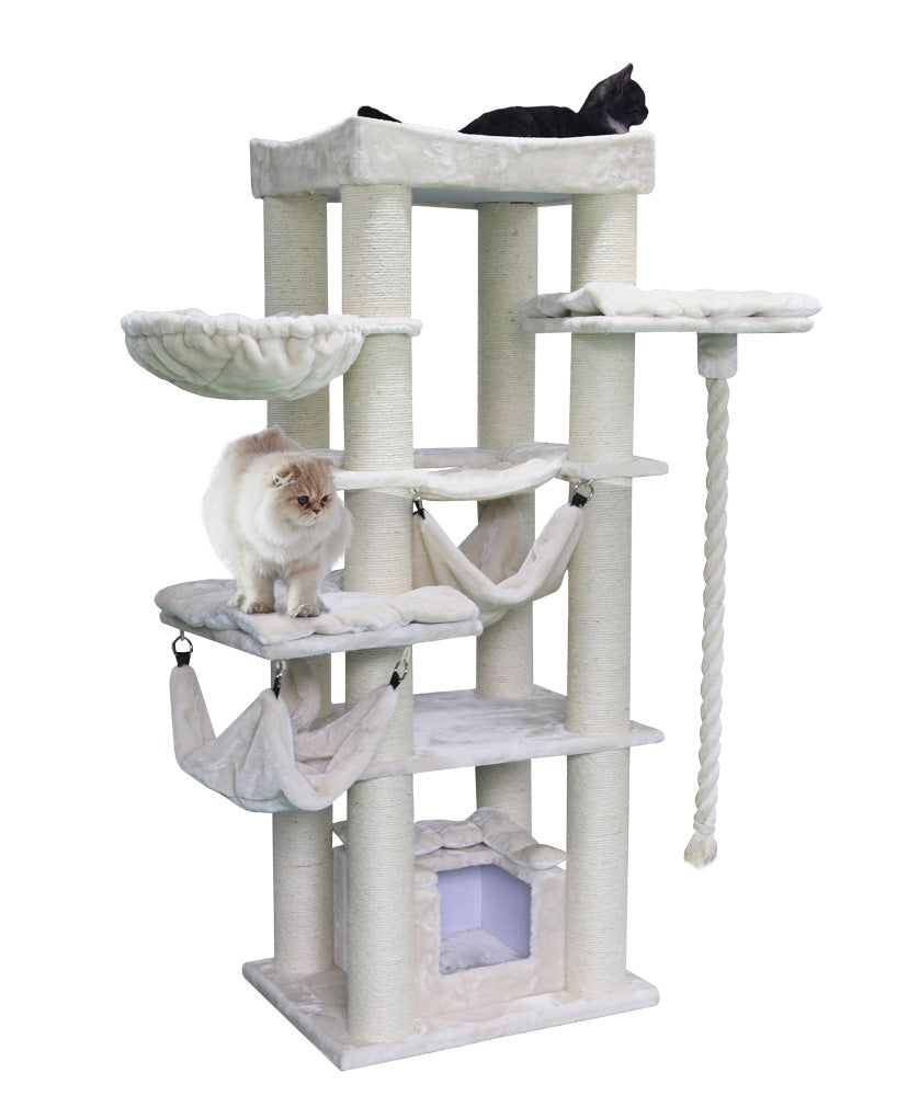 "Mehrstöckiger Kratzbaum RUBI für Katzen mit weichen Liegeflächen, Hängematten und Sisal für optimales Kratzvergnügen."