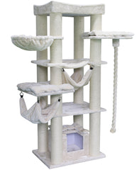 "Kratzbaum RUBI in hellen Farben mit mehreren Plattformen, Hängematten und Sisal-Spielzeug für Katzen."