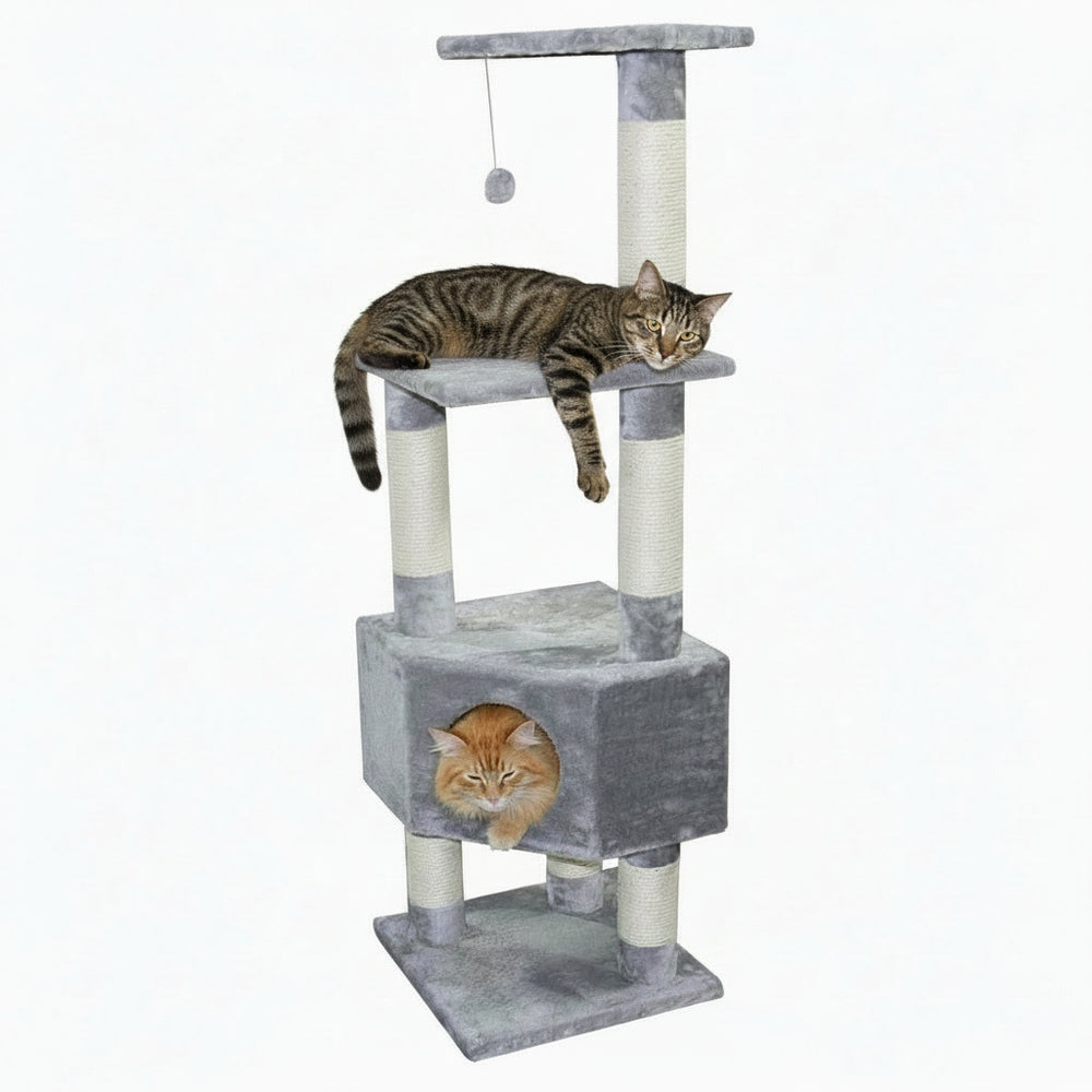 "Grauer Kratzbaum für Katzen mit mehreren Ebenen, Höhle und Plattform für gemütliche Ruheplätze."