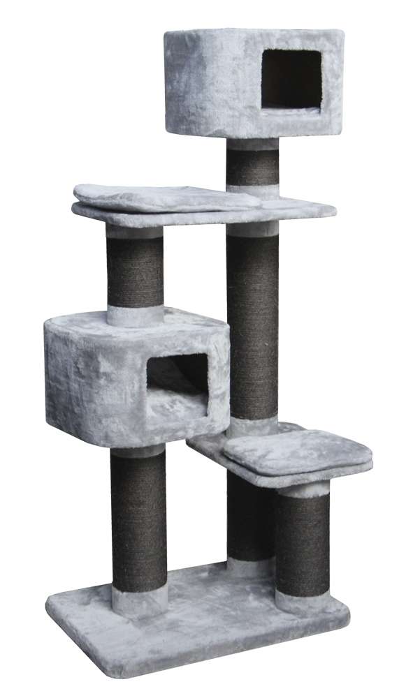 Kratzbaum "LOANO" in Grau mit mehreren Ebenen, Höhlen und Sisal-Säulen für Katzen zum Spielen und Entspannen.