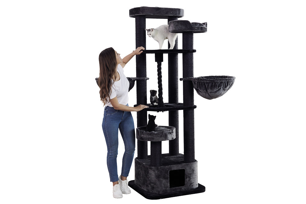 Großer Kratzbaum MUSAN in Grautönen mit Frau und zwei Katzen auf verschiedenen Ebenen.