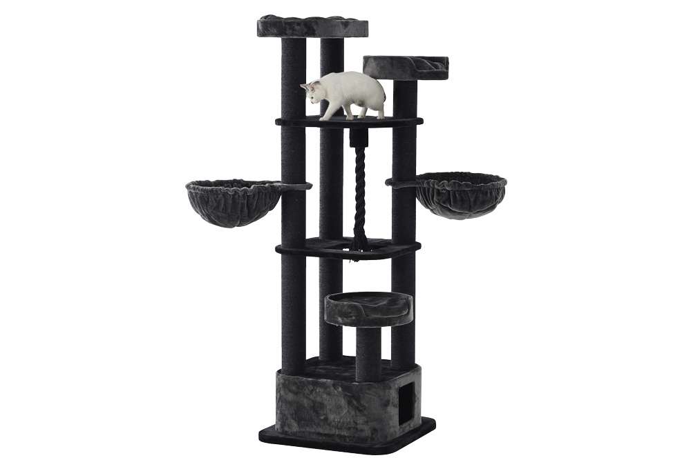 Hochwertiger Kratzbaum "MUSAN" in Dunkelgrau mit Plattformen, Höhle und Katze auf der obersten Ebene.