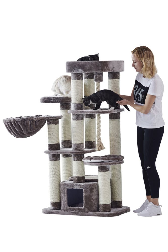Großer Kratzbaum FREDO in neutralen Farben mit Hängematte, ideal für Katzen, Frau spielt mit Katze daneben.