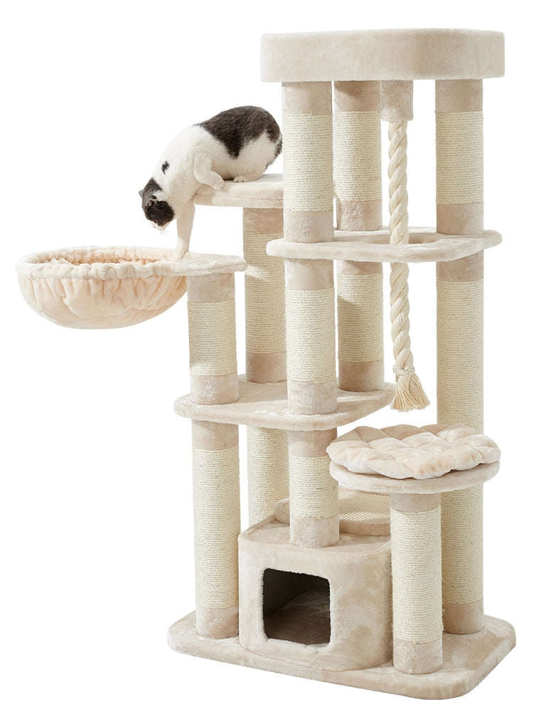 Katzenbaum "FREDO" mit mehreren Ebenen, gepolsterter Höhle, Hängematte und Sisal für Kratzmöglichkeiten.