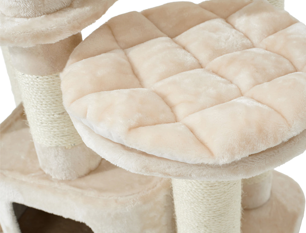 Kratzbaum FREDO in hellem Beige, weich gepolstert für Katzen zum Kratzen und Spielen.