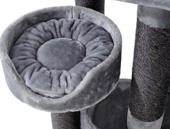 "Kratzbaum KYLA in Grau mit zwei gepolsterten Liegeflächen für Katzen, ausgestattet mit Sisal und Kunstfaser."