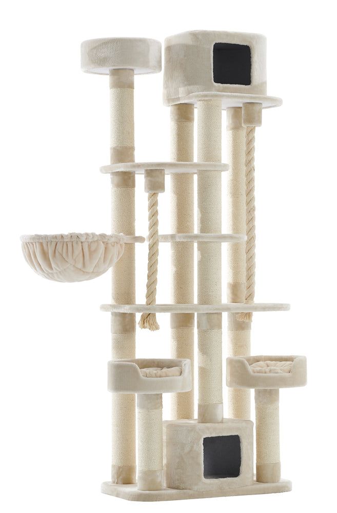 Großer Kratzbaum KYLA in neutralen Farben mit mehreren Ebenen, Höhlen und Kuschelplätzen für Katzen. Sisal und weicher Stoff.