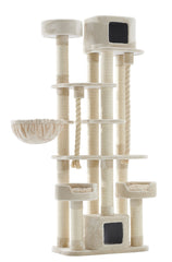 Großer Kratzbaum KYLA in neutralen Farben mit mehreren Ebenen, Höhlen und Kuschelplätzen für Katzen. Sisal und weicher Stoff.