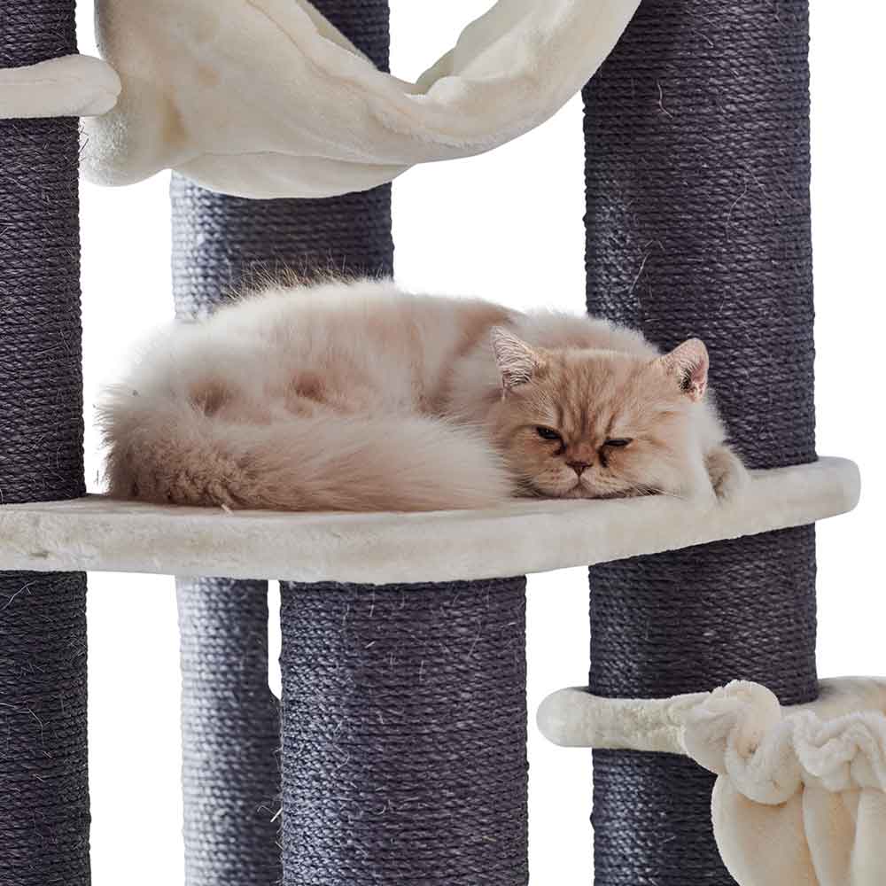 Katze entspannt auf blauer Plattform eines Kratzbaums mit weichen Liegeflächen und Sisal-Säulen.