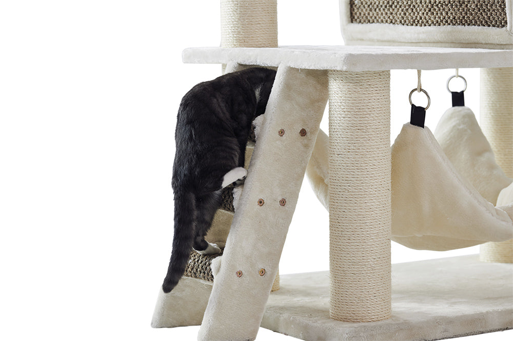 "Katzenkratzbaum JUAN in hellen Farben mit Sisal-Elementen, während eine Katze die Treppe hinaufsteigt."