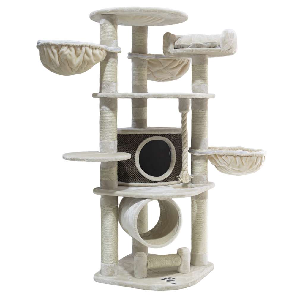 Großer Kratzbaum "ELIF" mit mehreren Plattformen, Ruheliegen und weichen Hängkörben für Katzen in neutralen Farben.