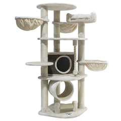 Großer Kratzbaum "ELIF" mit mehreren Plattformen, Ruheliegen und weichen Hängkörben für Katzen in neutralen Farben.
