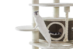 Katzenkratzbaum ELIF mit mehreren Plattformen, Sisal zum Kratzen und einer Höhle, weiße Katze mit schwarzem Schwanz darauf.