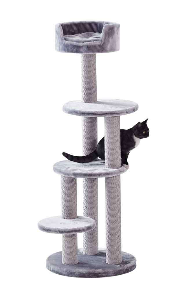 Modernen Kratzbaum Classic MELO in Grau mit Plattformen und Sisalsäulen für Katzen.
